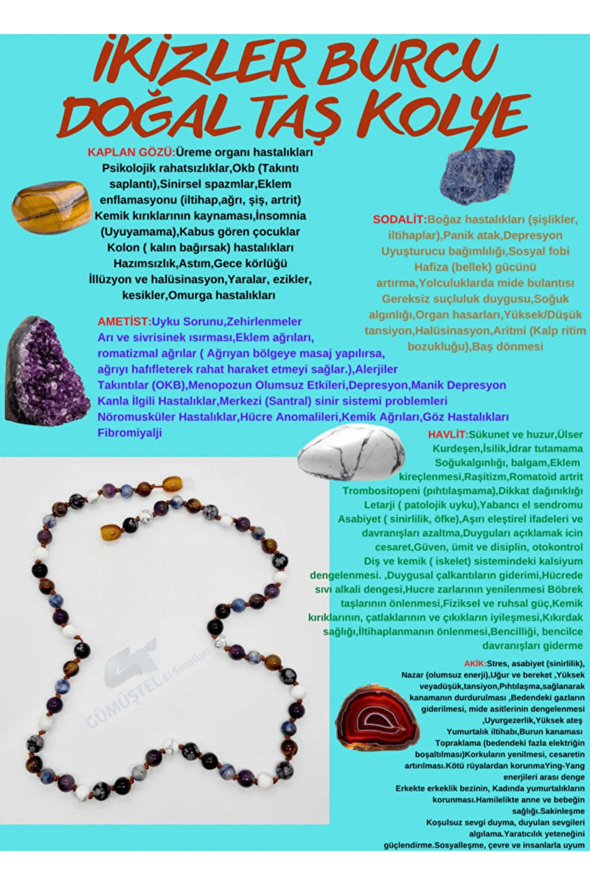 Sertifikalı Özel Tasarım Ikizler Burcu Kolye Obsidyen Kaplan Gözü Ametist Sodalit Havlit