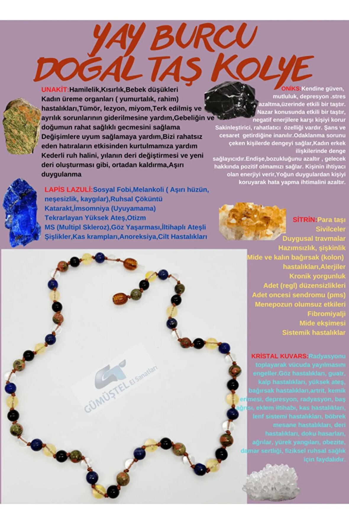 Sertifikalı Özel Tasarım Yay Burcu Kolye Unakit Oniks Sitrin Lapis Lazuli Kristal Kuvars