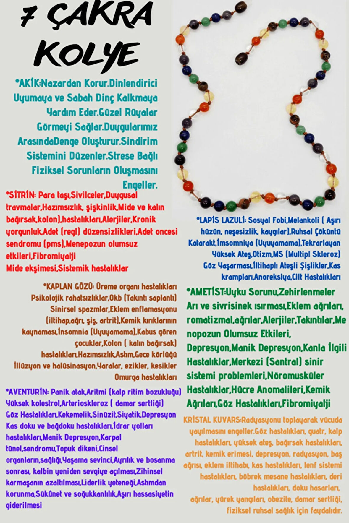 Doğal Taş 7 Çakra Tasarım Kolye Akik Sitrin Kaplan Gözü Aventurin Lapis Ametist Kuvars 6mm