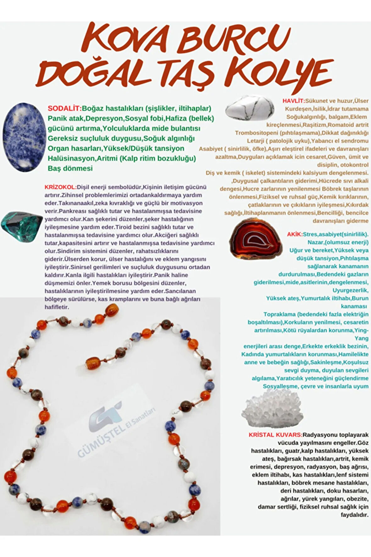 Sertifikalı Özel Tasarım Kova Burcu Kolye Sodalit Krizokol Havlit Akik Kristal Kuvars