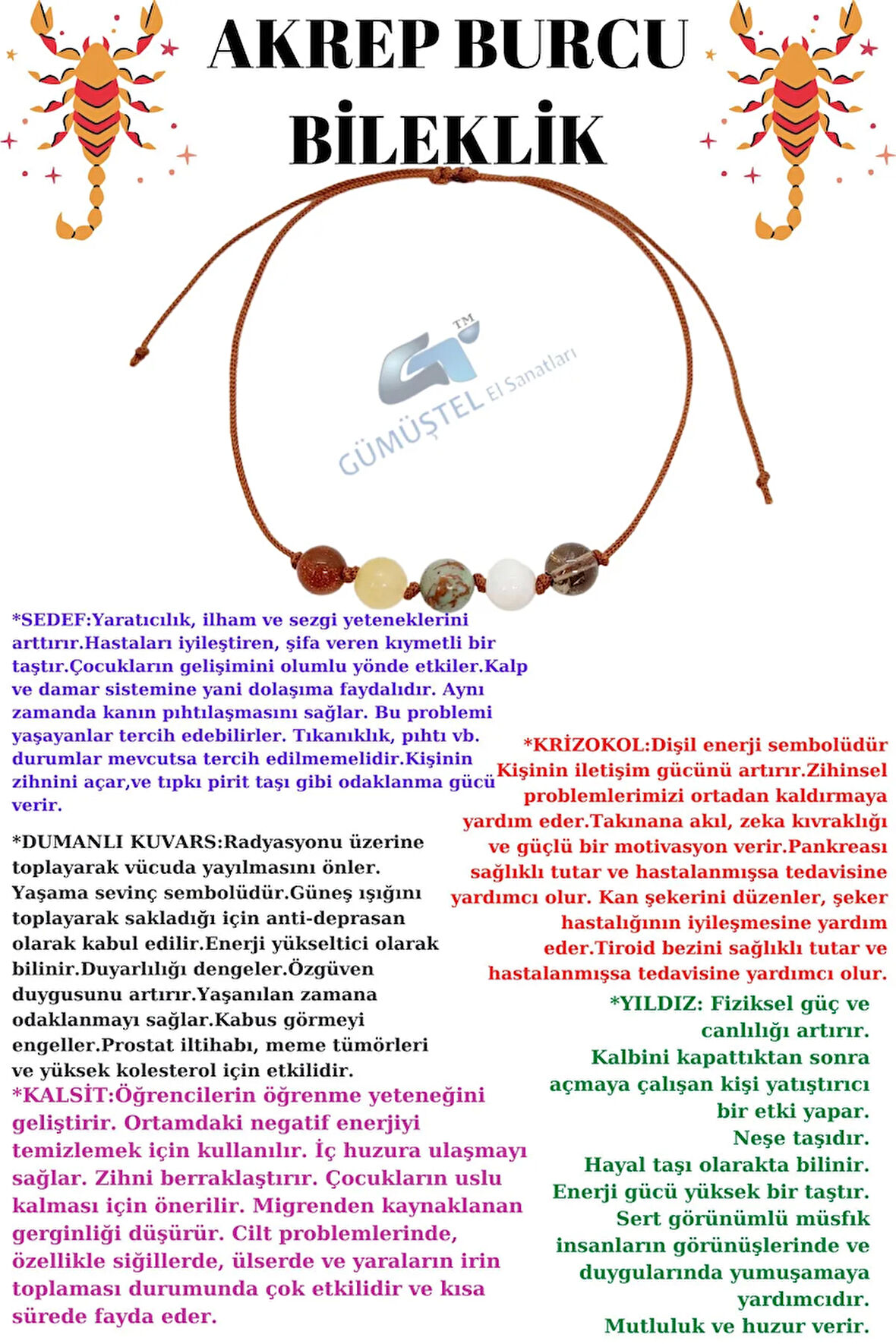 Sertifikalı Özel Tasarım Doğal Taş Akrep Burcu Bileklik Dumanlı Kuvars Sedef Krizokol Kalsit Yıldız