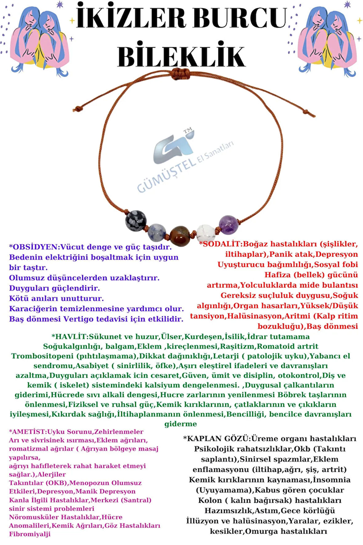 Sertifikalı Özel Tasarım Doğal Taş Ikizler Burcu Bileklik Obsidyen Sodalit K.gözü Havlit Ametist