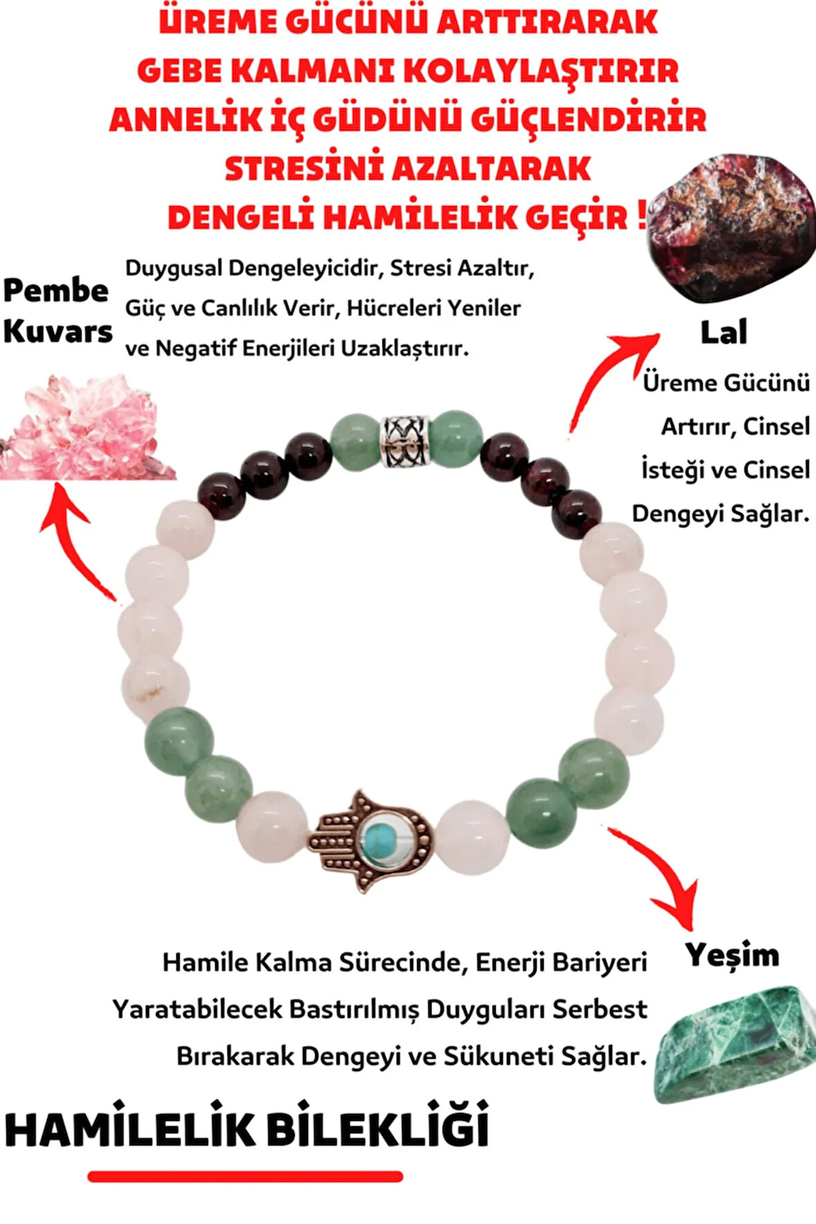 Sertifikalı Hamilelik Doğal Taş Kadın Tılsım Lal Garnet Pembe Kuvars Yeşim Doğaltaş Bileklik