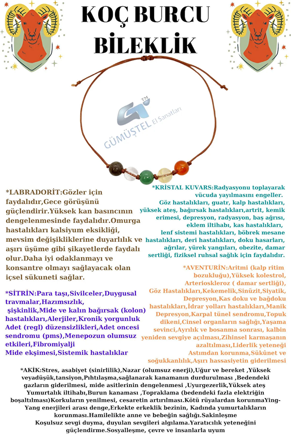 Sertifikalı Özel Tasarım Doğal Taş Koç Burcu Bileklik Labradorit K.kuvars Aventurin Sitrin Akik