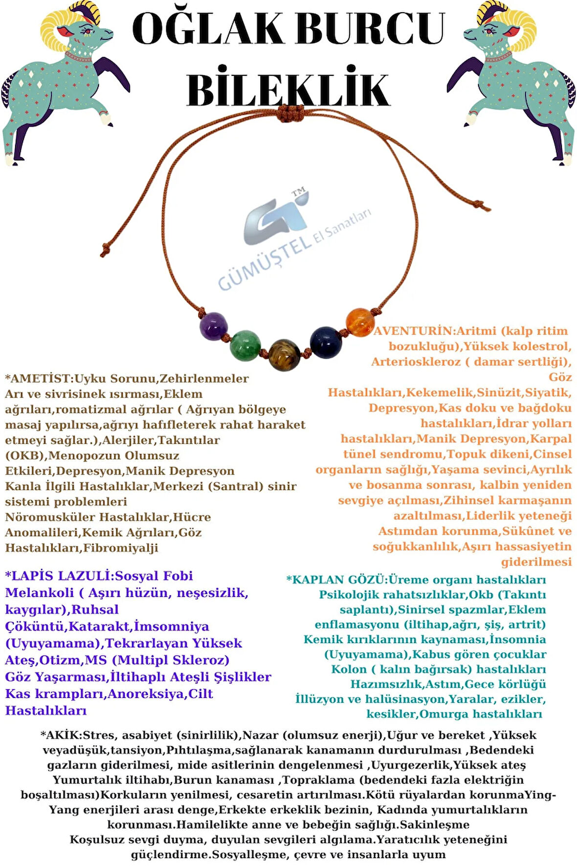 Sertifikalı Özel Tasarım Doğal Taş Oğlak Burcu Bileklik Ametist Aventurin Kaplan Gözü Lapis Akik