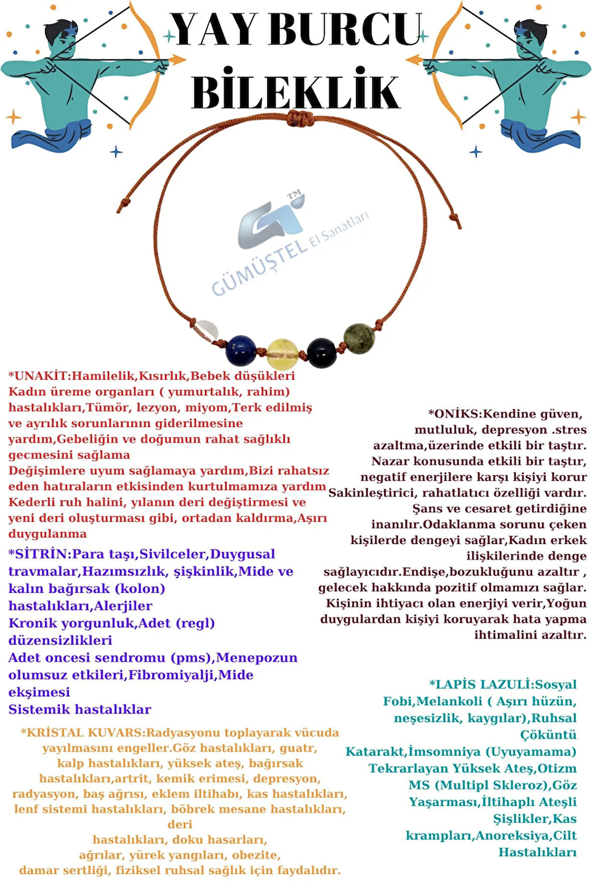 Sertifikalı Özel Tasarım Doğal Taş Yay Burcu Bileklik Unakit Oniks Sitrin Lapis Lazuli K.kuvars