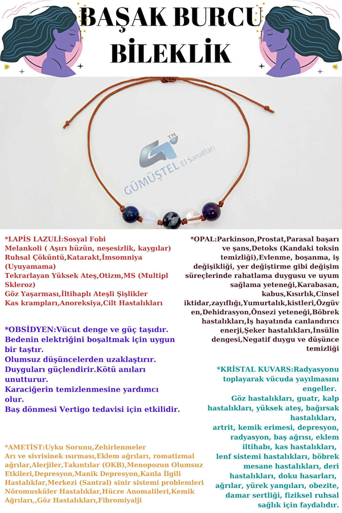 Sertifikalı Özel Tasarım Doğal Taş Başak Burcu Bileklik