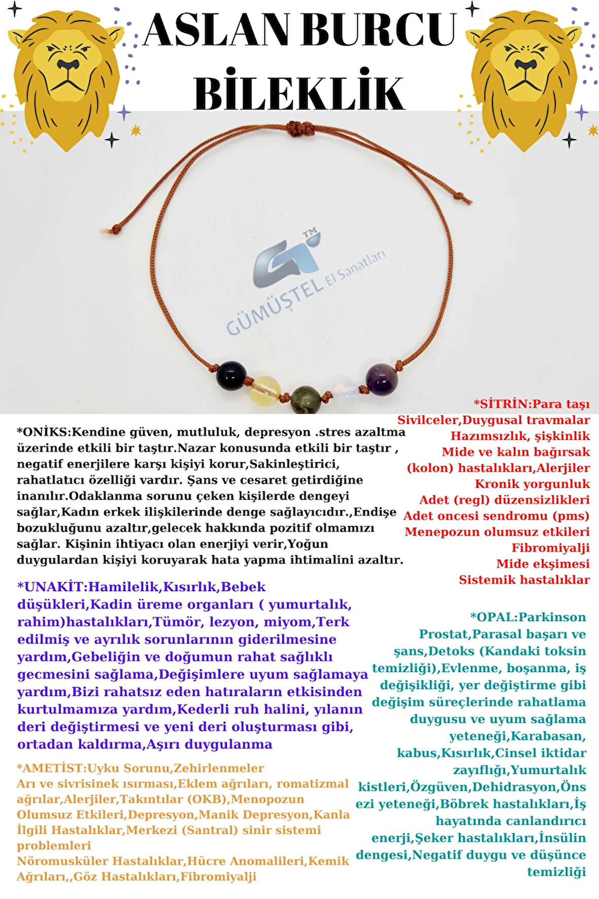 Sertifikalı Özel Tasarım Doğal Taş Aslan Burcu Bileklik Oniks Sitrin Unakit Opal Ametist