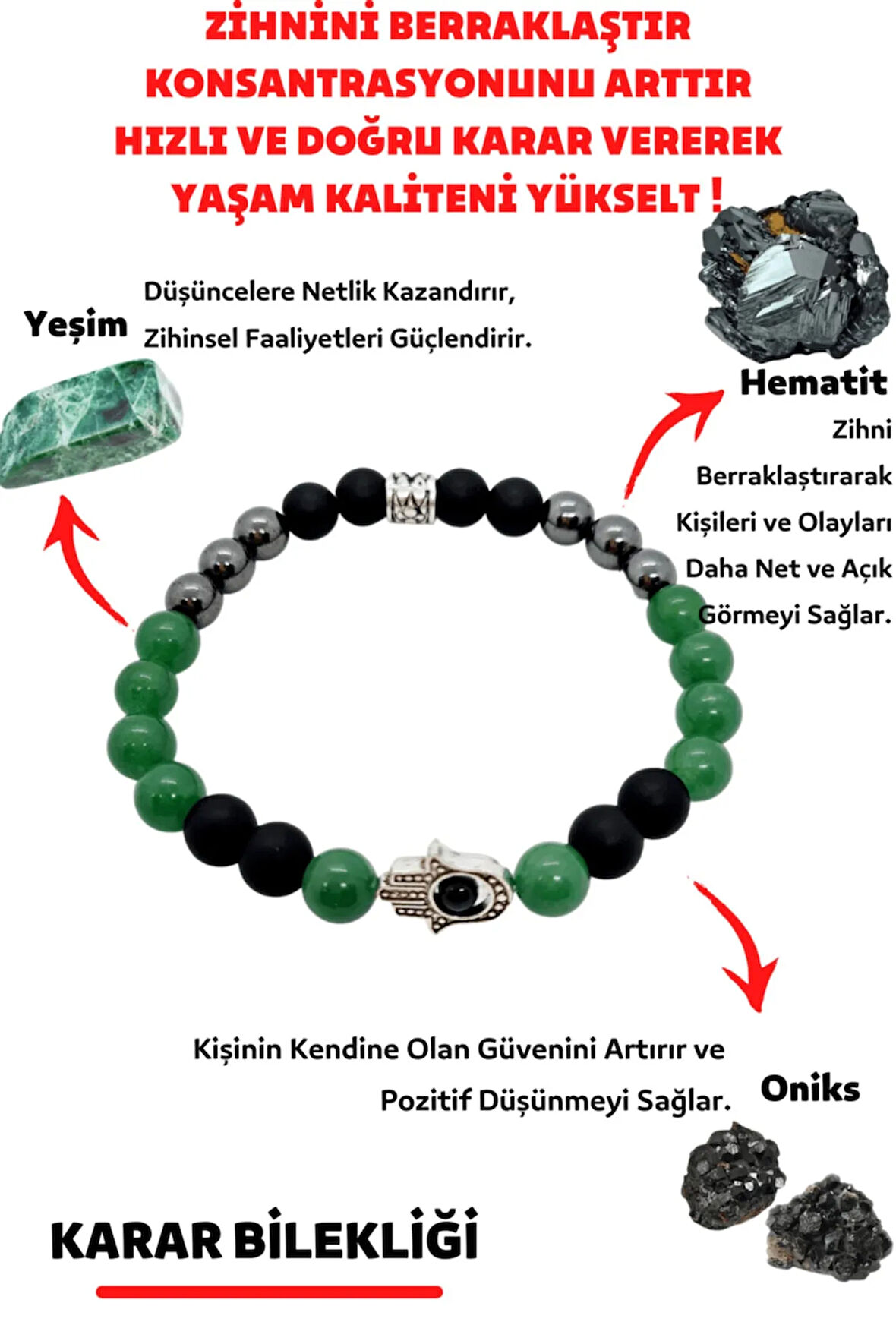 Doğru Karar Verme Doğaltaş Unisex Tılsım Bilekliği Onix Hematit Yeşim Kadın Erkek Doğal Taş Bileklik