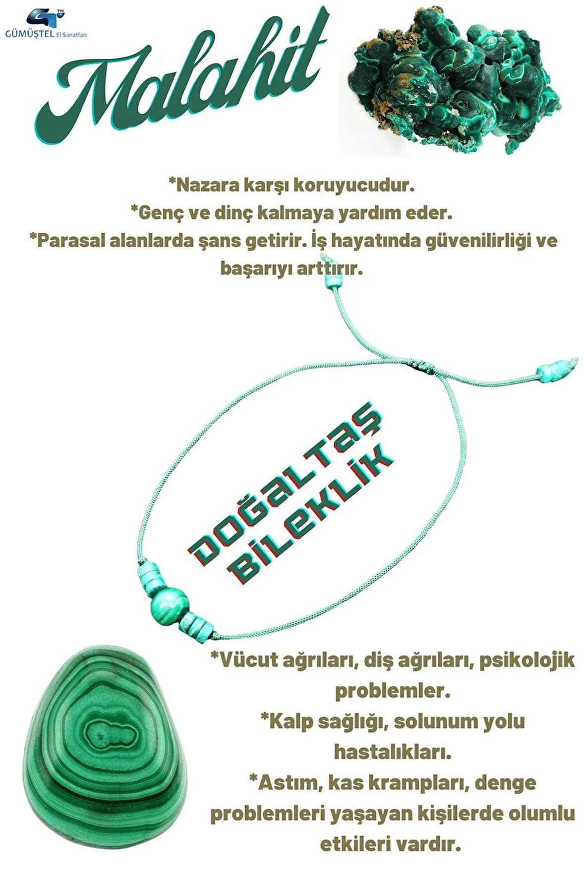 Doğal Taş Malahit Taşı Bileklik Özel Tasarım Asansörlü Kilit Sistemi