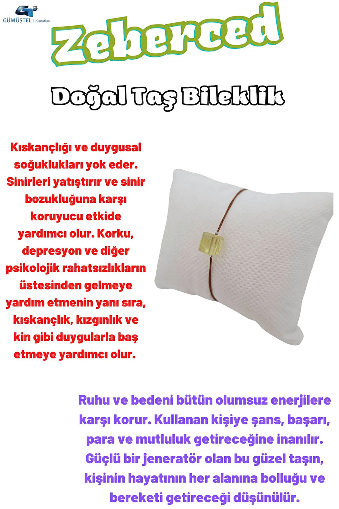 Sertifikalı Zeberced Doğal Taş Bileklik Aaa Kalite Asimetrik Küp