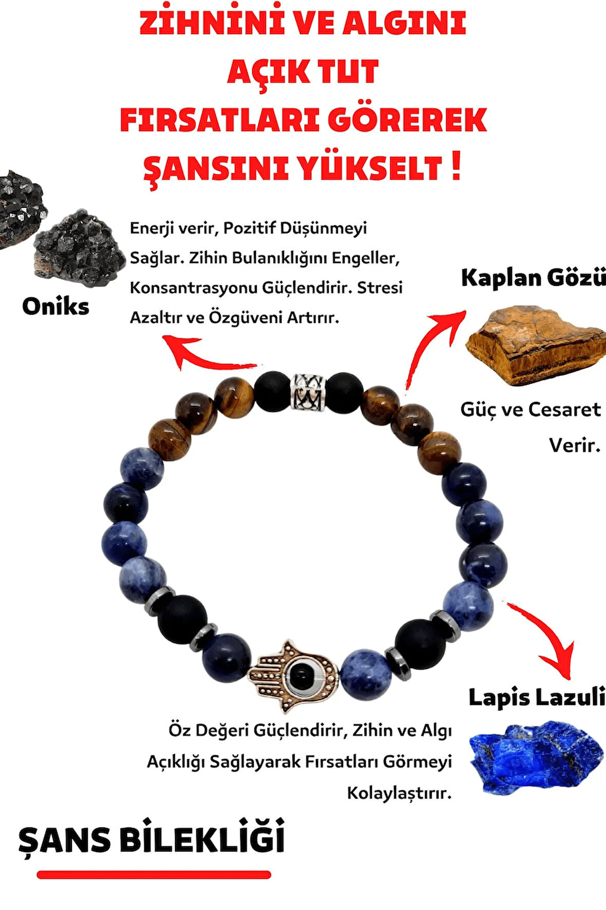 Sertifikalı Şans Doğaltaş Tılsım Bilekliği Lapis Lazuli Kaplangözü Oniks Doğal Taş Bileklik