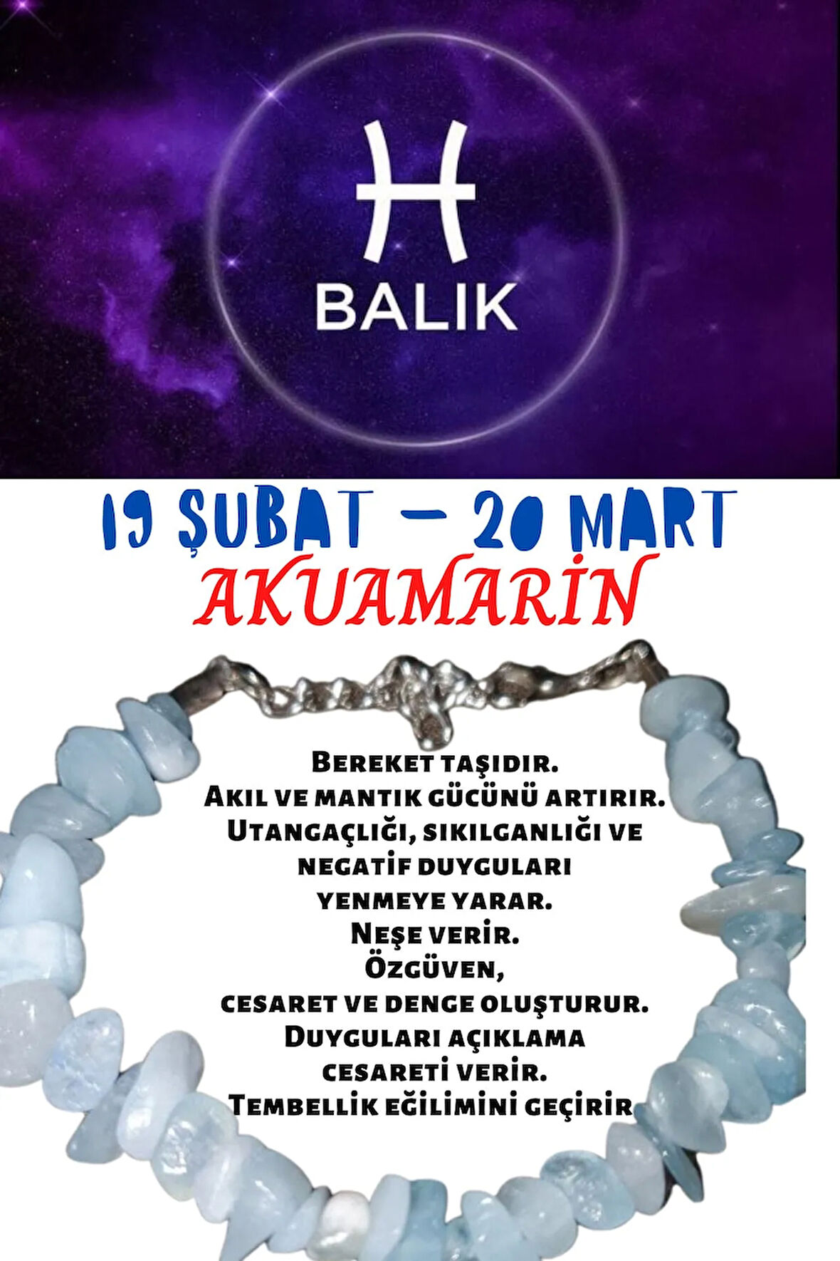Sertifikalı Burç Taşı Balık Burcu Akuamarin Taşı Bileklik