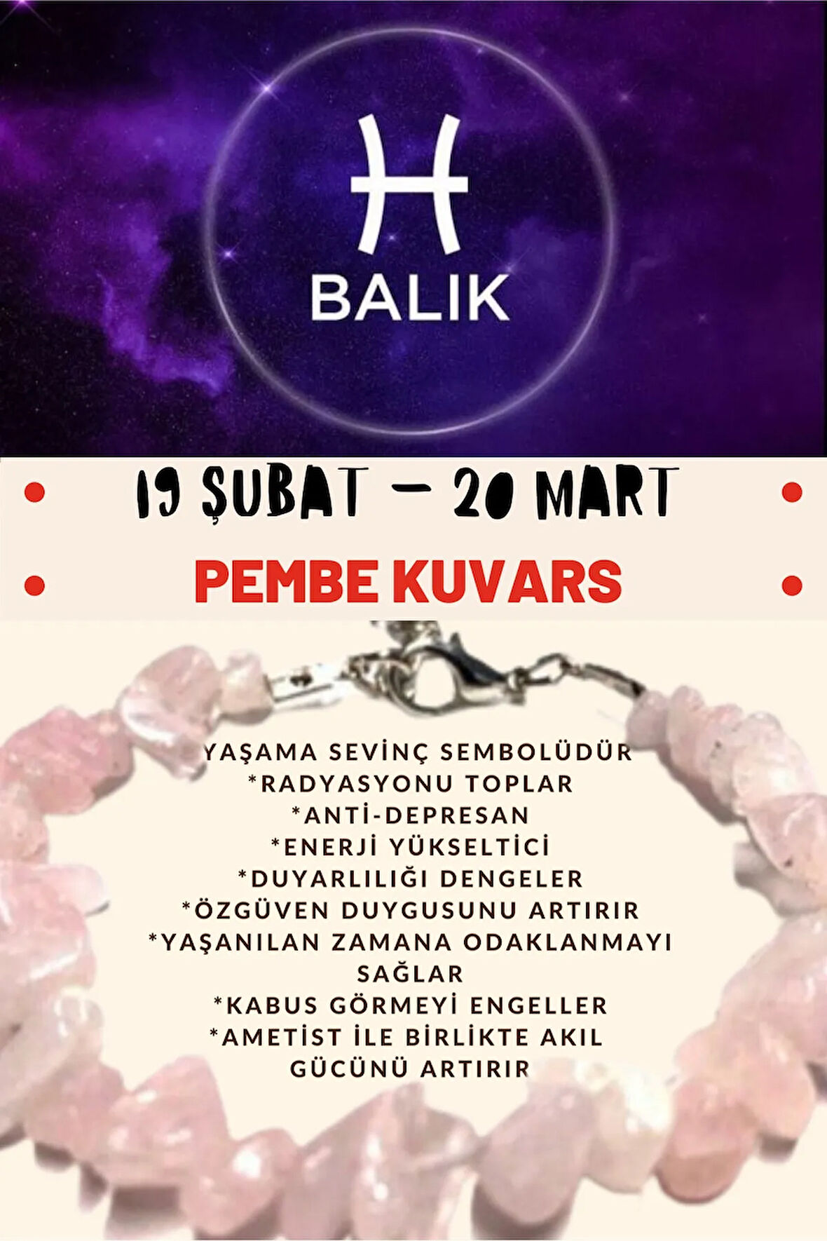 Sertifikalı Burç Taşı Balık Burcu Pembe Kuvars Taşı Bileklik