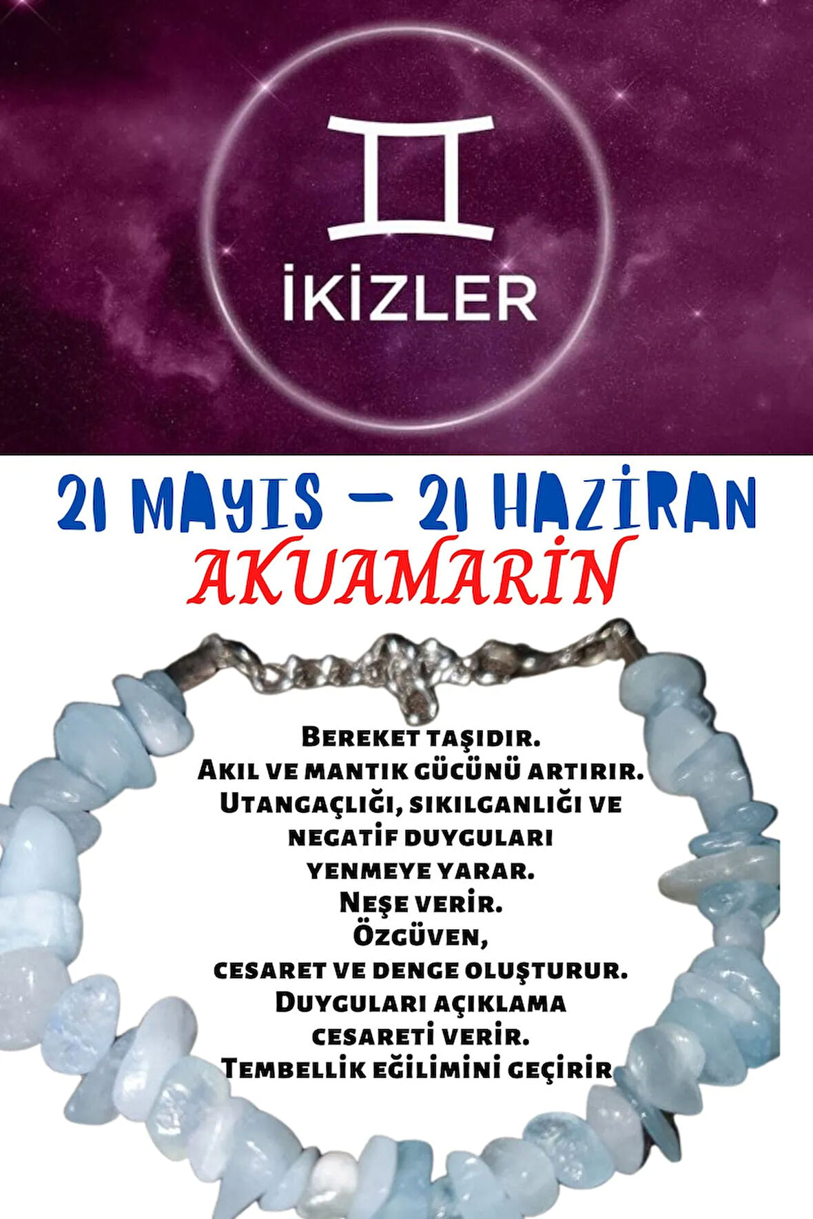 Sertifikalı Burç Taşı Ikizler Burcu Akuamarin Taşı Bileklik