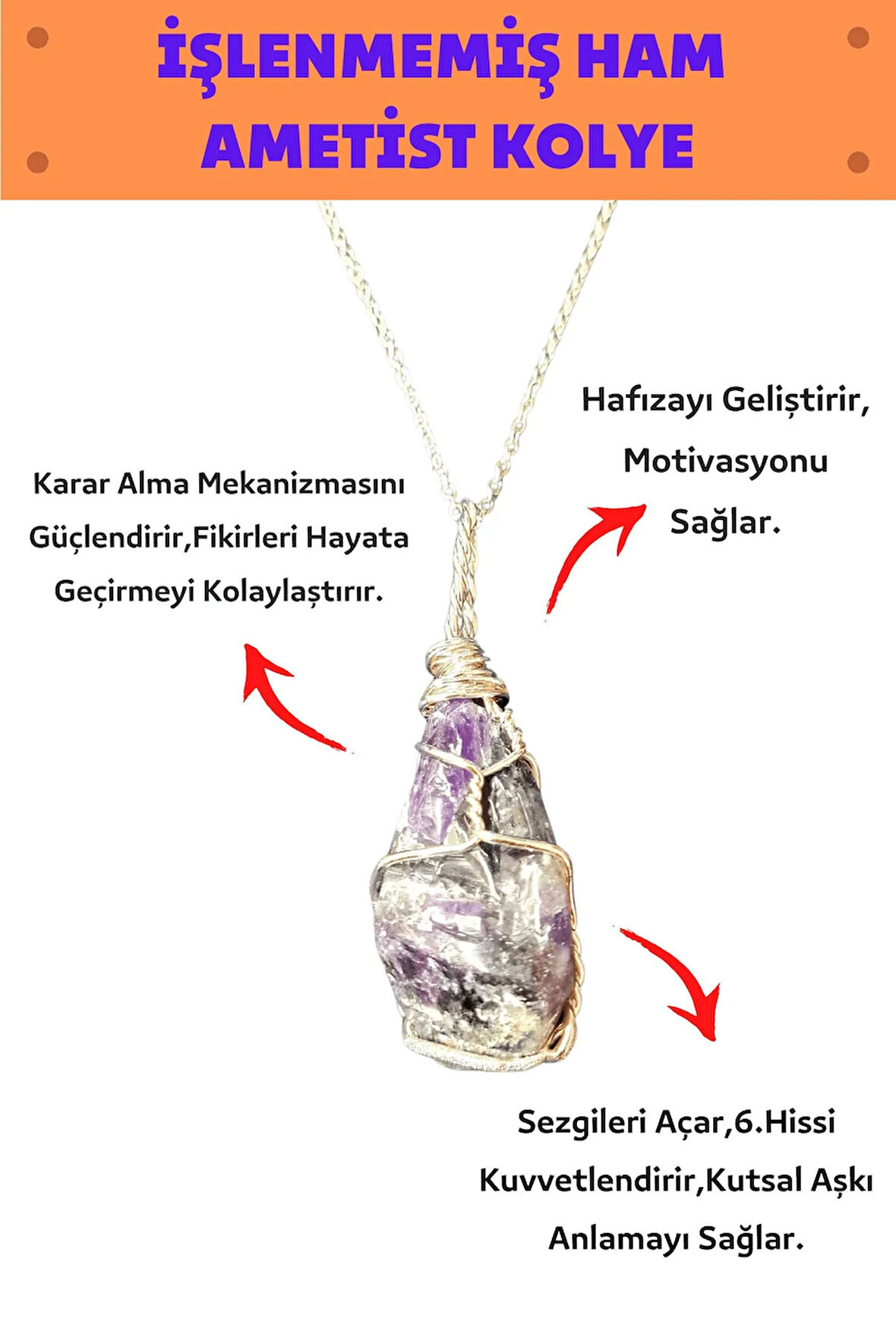 Sertifikalı Işlenmemiş Ham Ametist Doğal Taş Kadın Kolye Energykolye