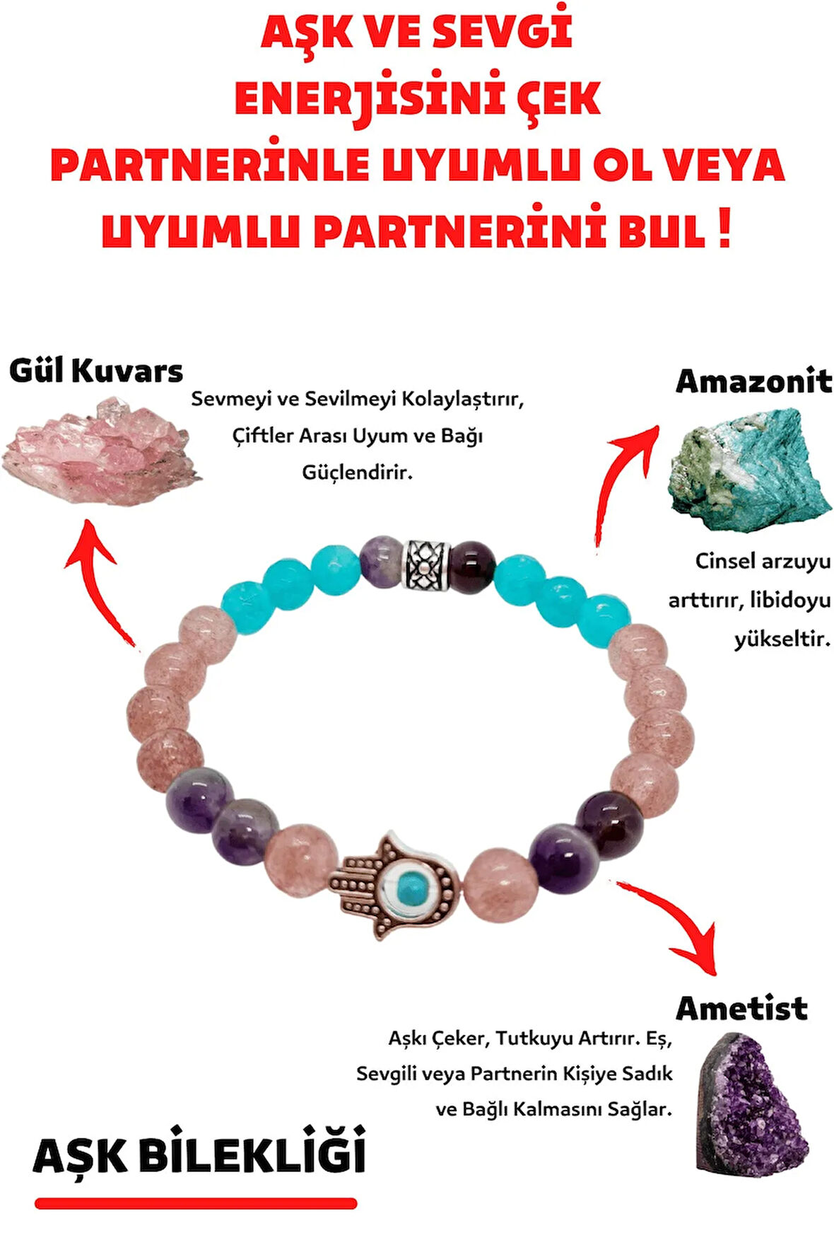 Sertifikalı Doğal Taş Aşk, Sevgi, Çiftler Arası Uyum Bilekliği (ametist Gül Kuvars Amazonit )