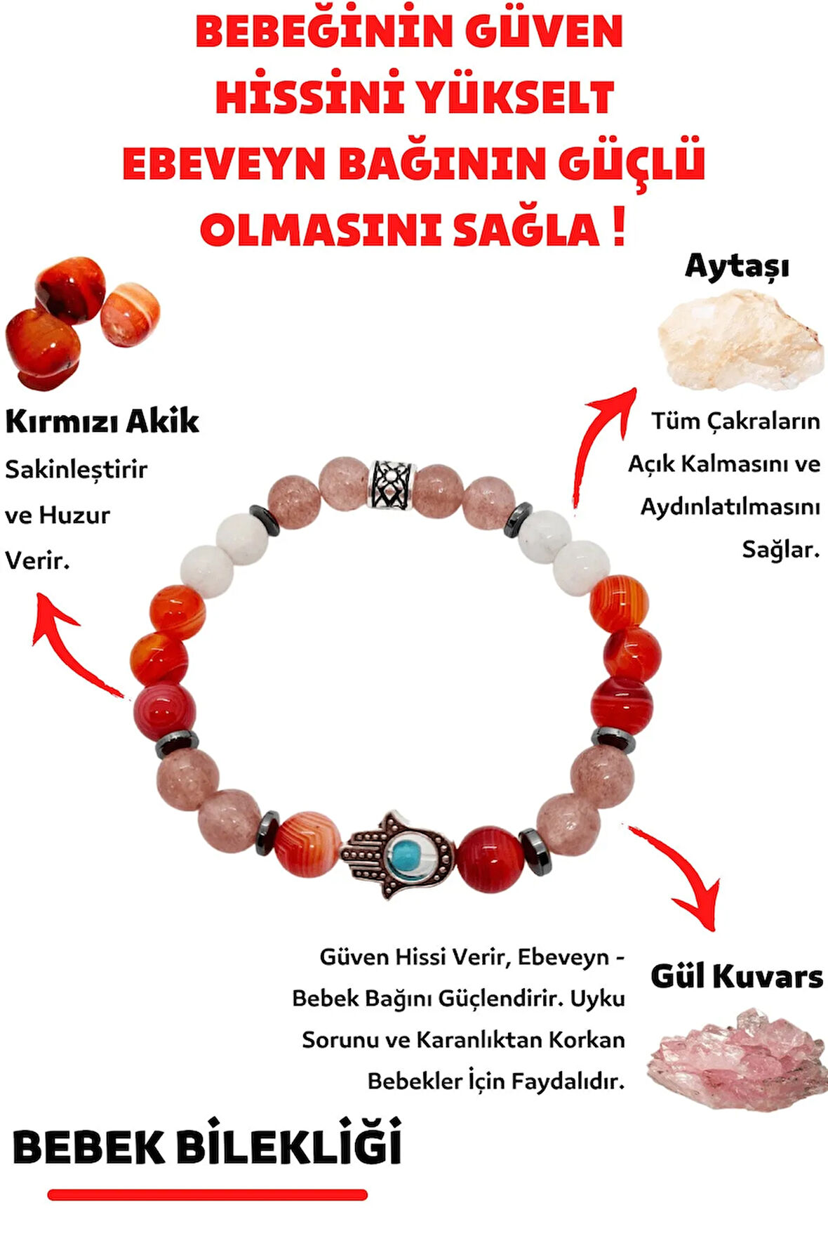 Sertifikalı Bebek Doğal Taş Unisex Tılsım Bilekliği (AYTAŞI GÜL KUVARS KIRMIZI AKİK BİLEKLİK)