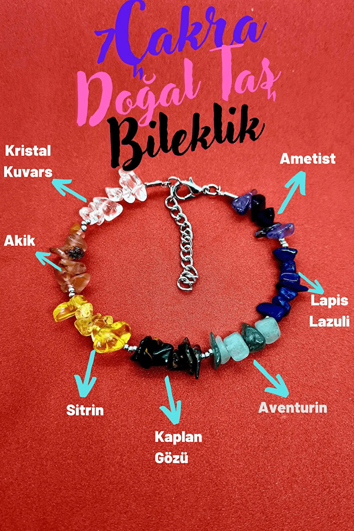 Sertifikalı Doğal Taş 7 Çakra Bilekliği Kuvars, Ametist,lapis,aventurin,kaplan Gözü,sitrin,akik