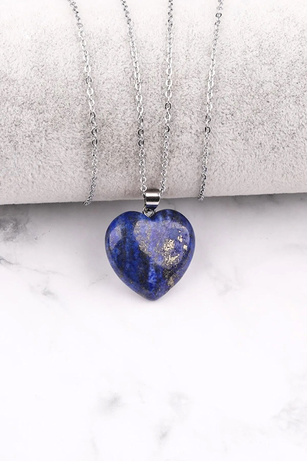 Doğal Lapis Lazuli Kalp Kolye Zincir Dahil