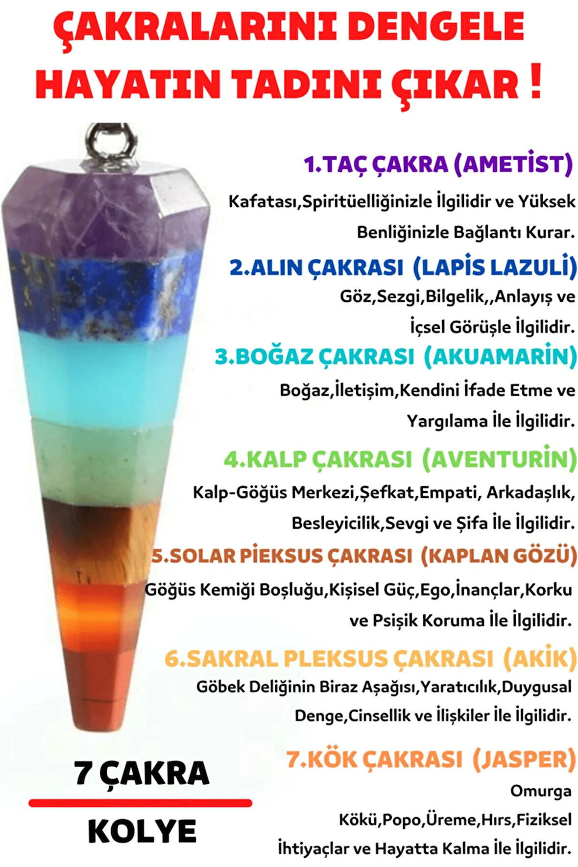 Sertifikalı Pandül Kesim 7 Çakra Doğal Taş Kadın Kolye