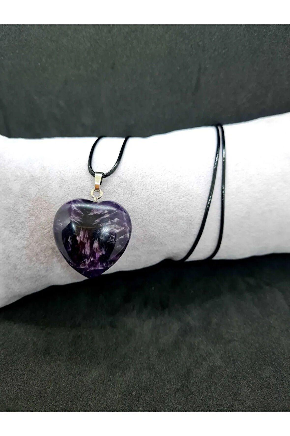 Sertifikalı Doğal Ametist Kalp Kolye Zincir Dahil