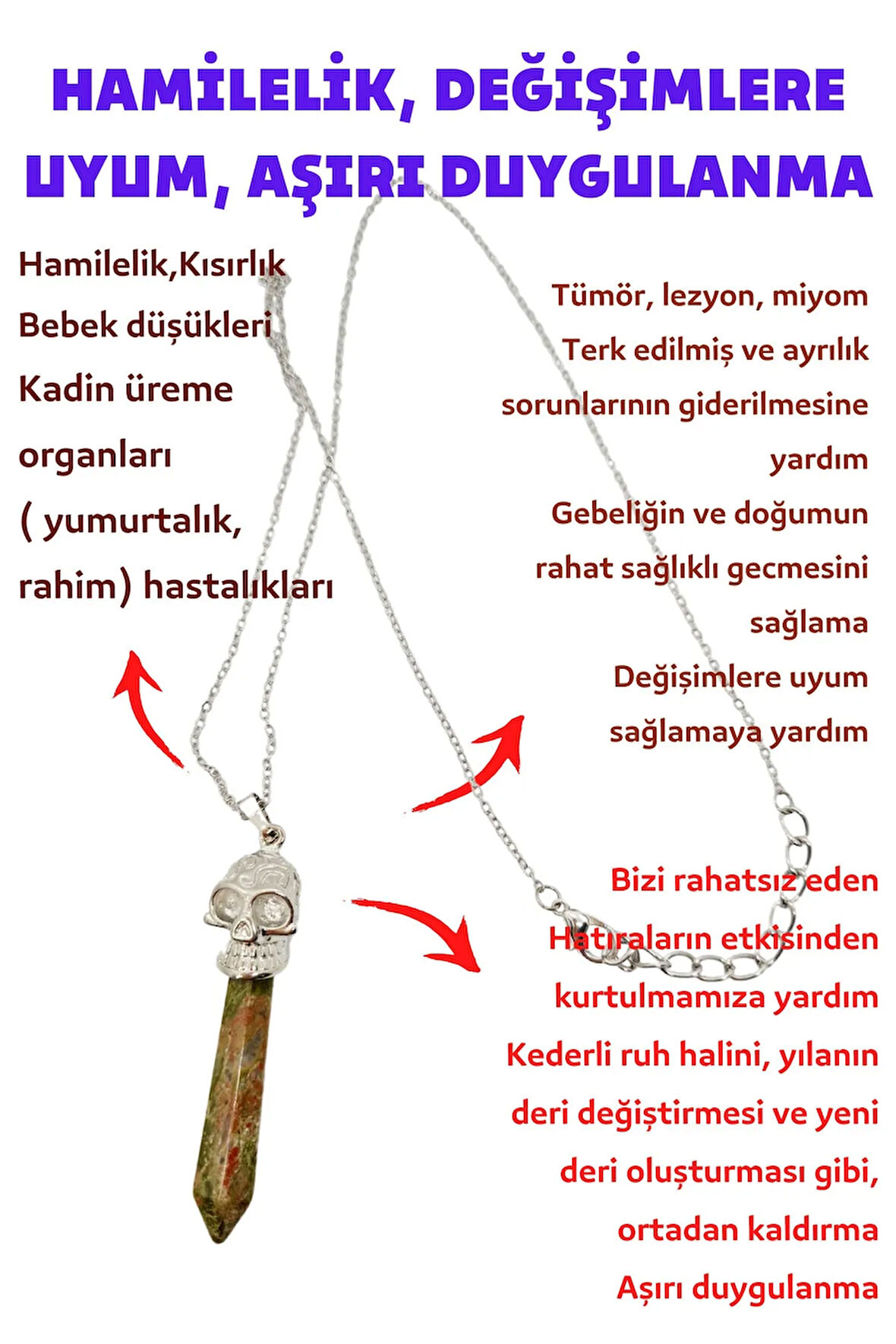 Sertifikalı Unakit Doğal Taş Pandül Kesim Kolye Kurukafa Detaylı