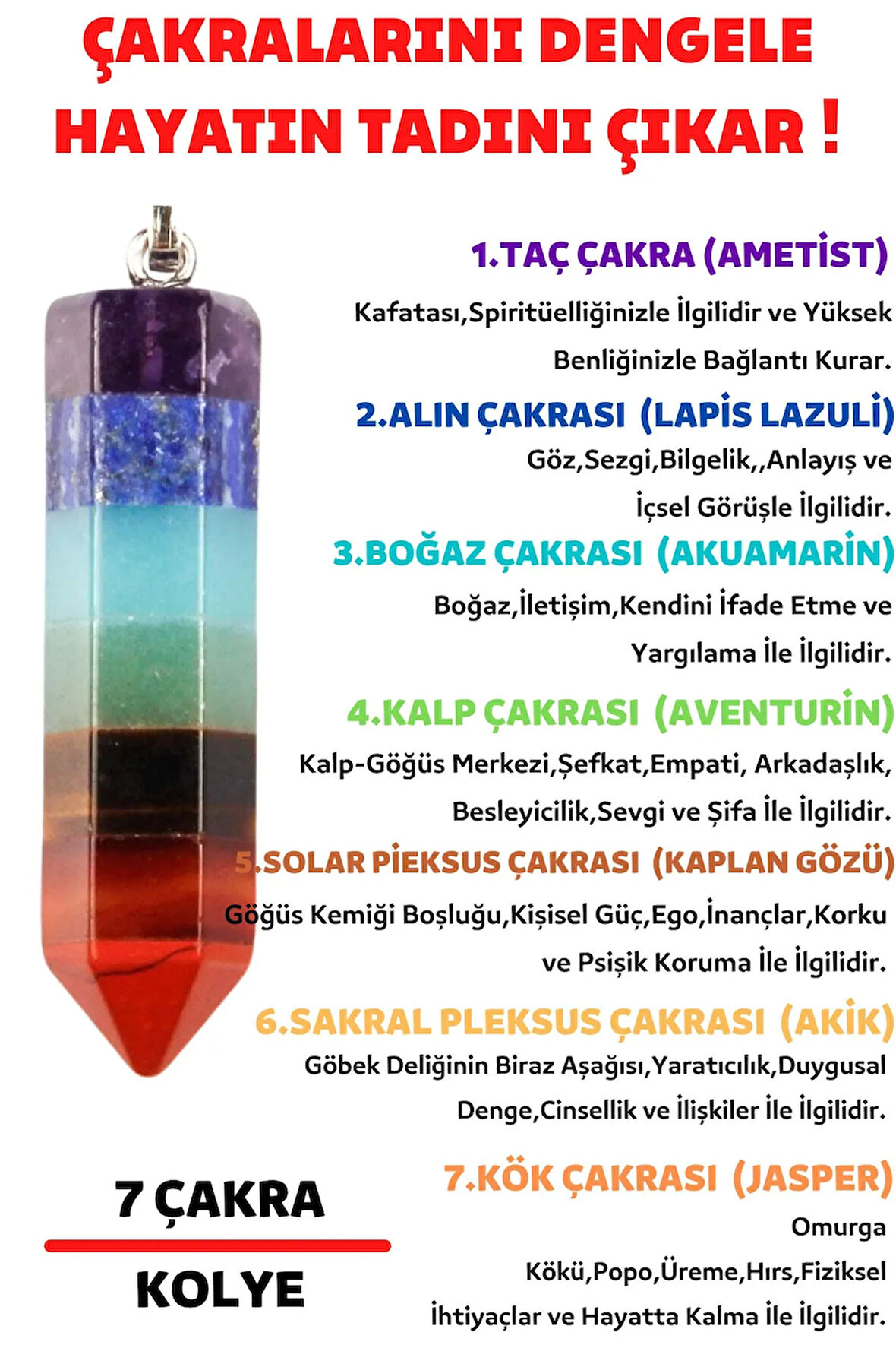 Sertifikalı Pandül Kesim 7 Çakra Doğal Taş Kadın Kolye