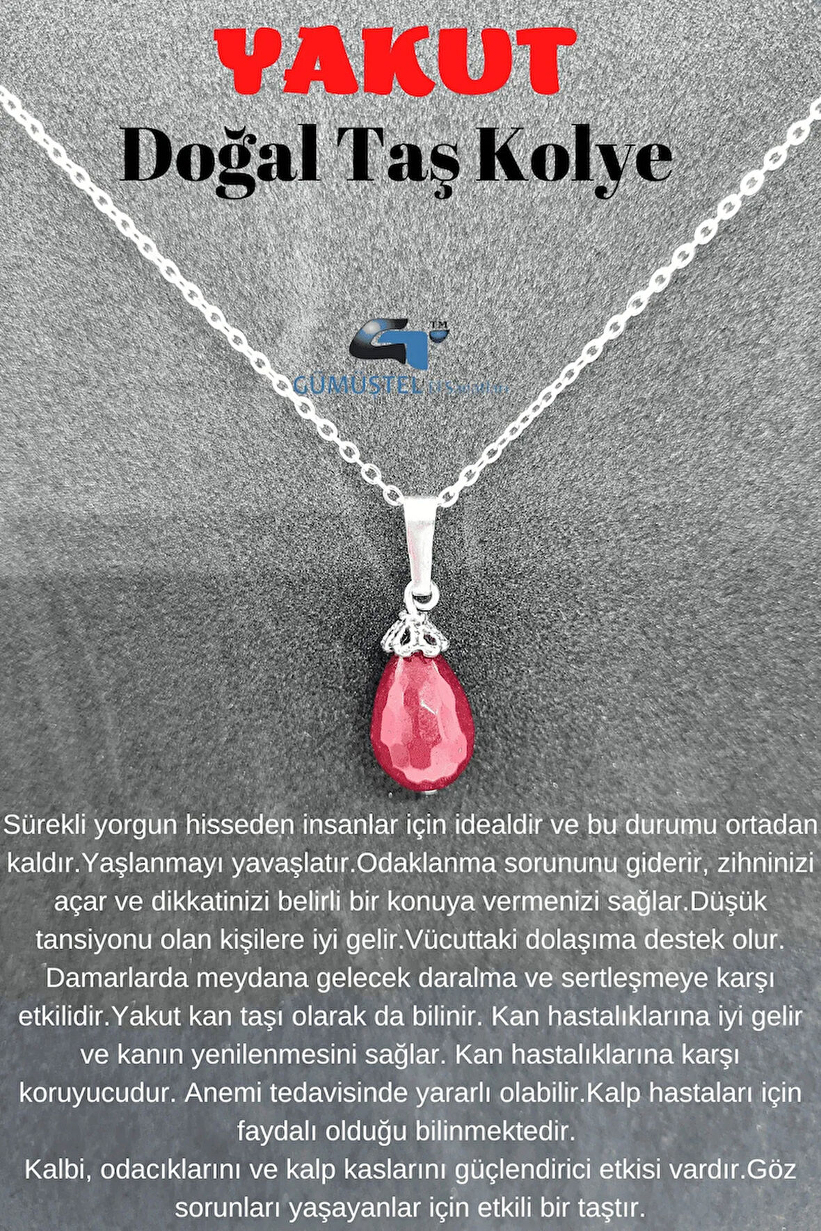 Yakut Doğal Taş Kolye Zincir Hediyeli