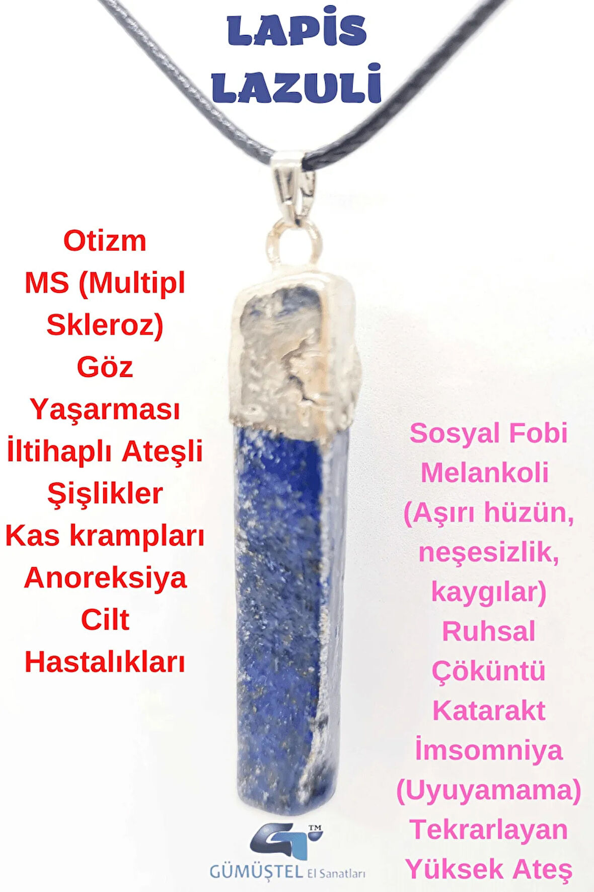Sertifikalı Doğal Taş Lapis Lazuli Kolye Zincir Hediyeli