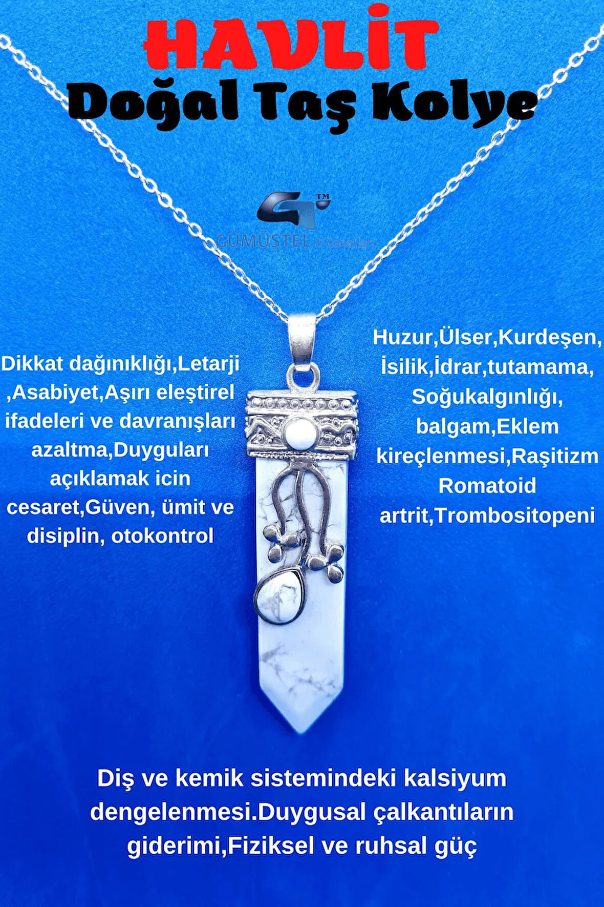Sertifikalı Havlit Doğal Taş Tasarım Kolye