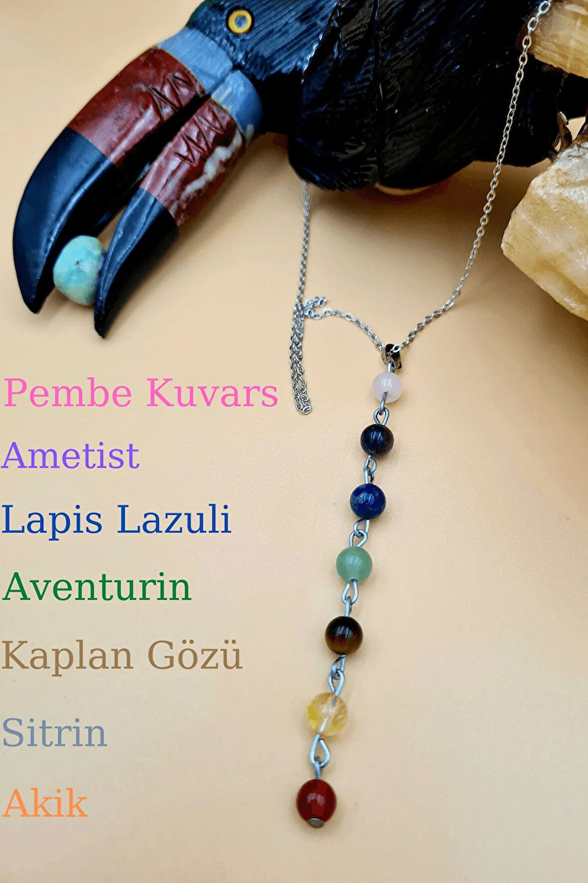 Sertifikalı Doğal 7 Çakra Özel Tasarım Kolye Orijinal Doğal Taş Zincir Hediyeli