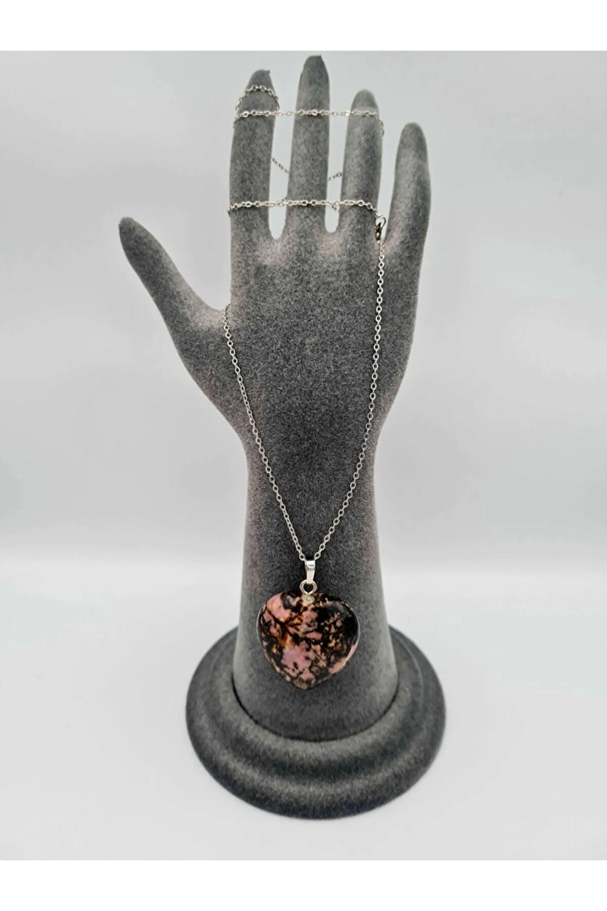 Sertifikalı Rodonit Doğal Taş Kalp Kolye Zincir Ve Ip Hediyeli