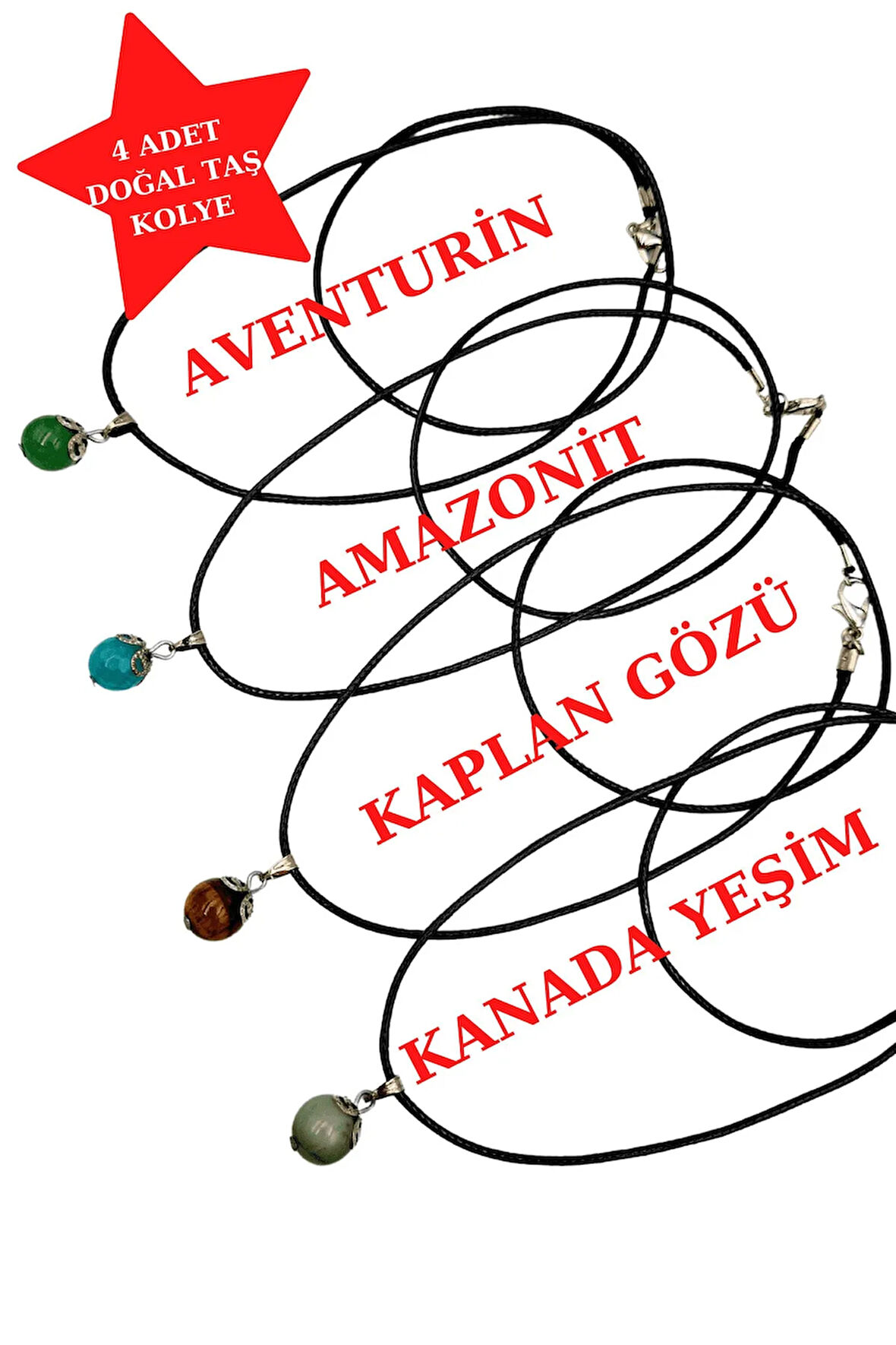 Sertifikalı Doğal Taş Kolye Aventurin & Amazonit & Kaplan Gözü & Kanada Yeşim 4 Adet Kolye
