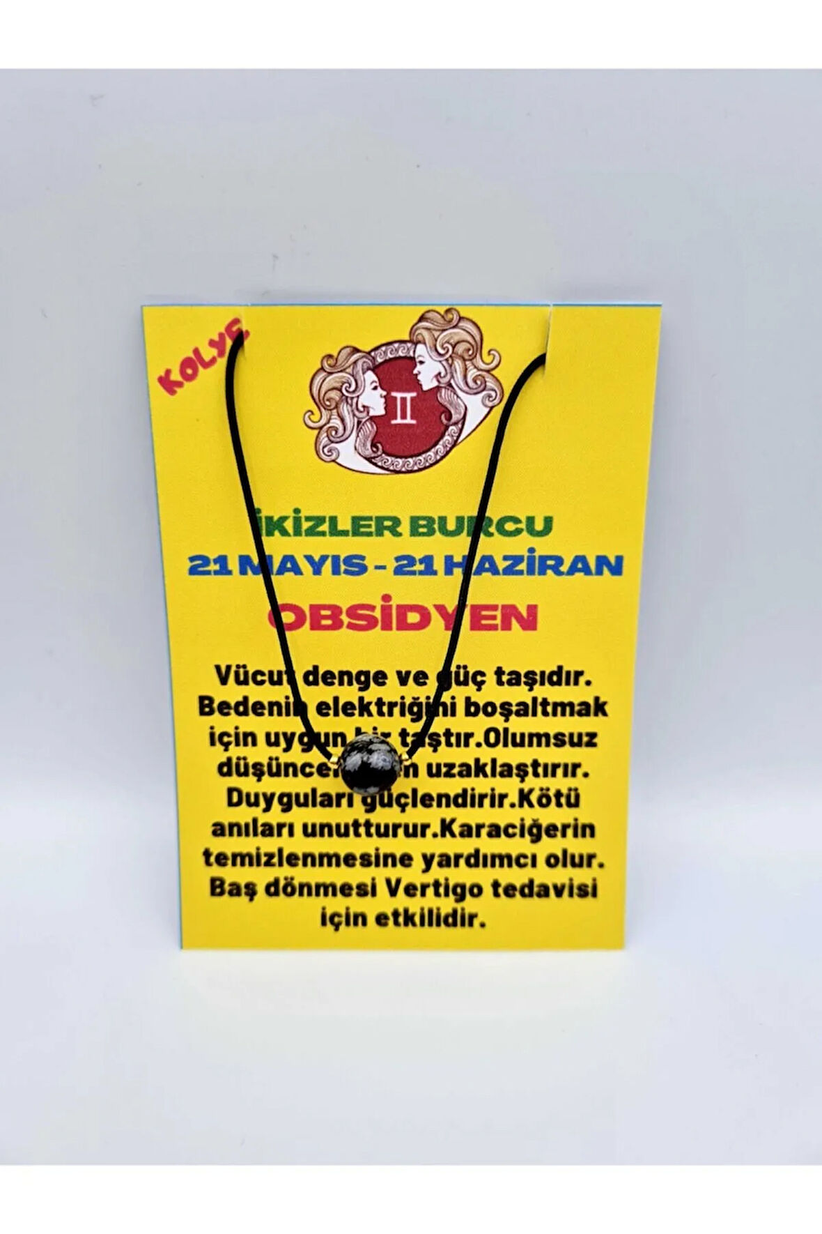 Sertifikalı Ikizler Burcu Obsidyen Taşı Doğal Taş Kolye