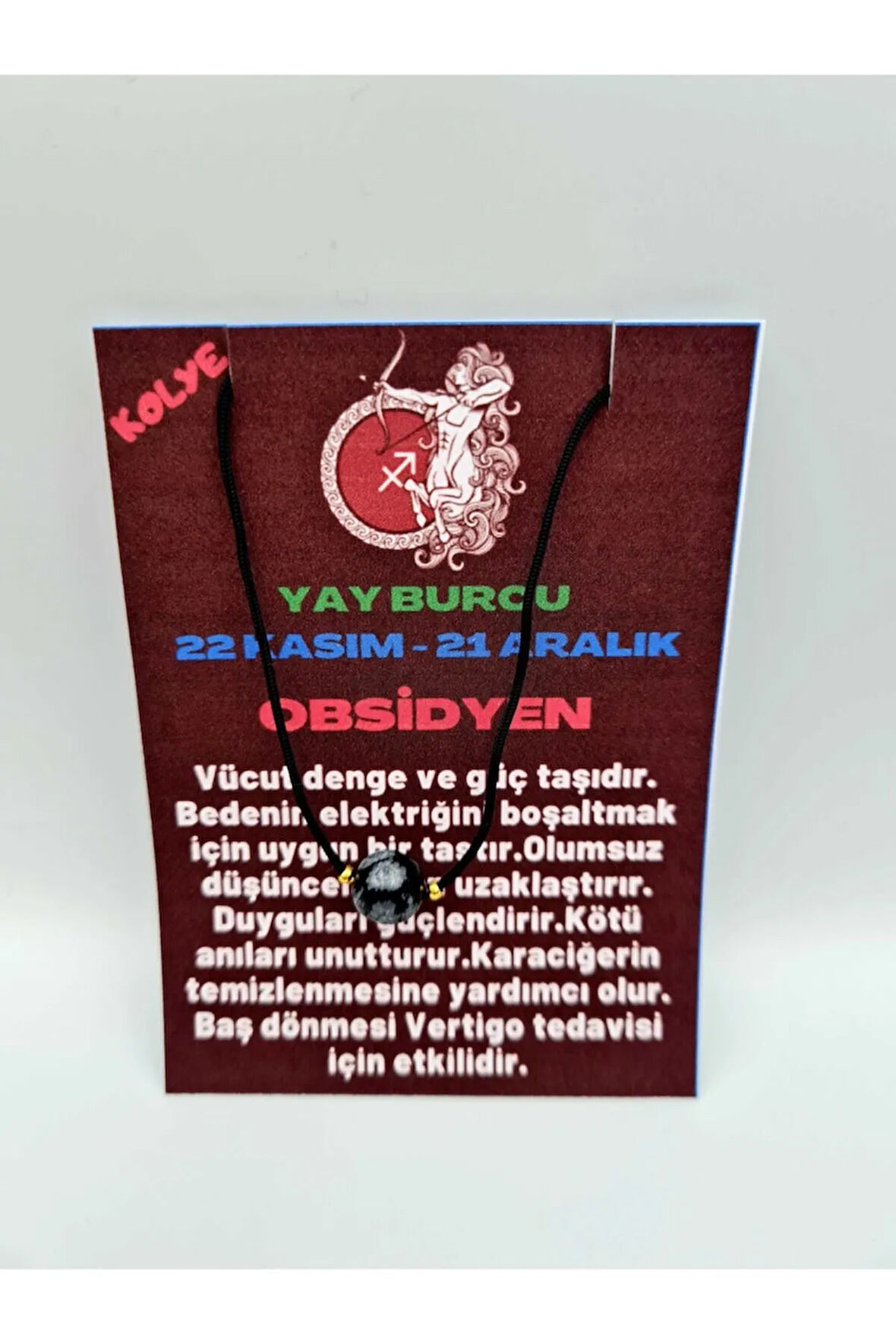 Sertifikalı Yay Burcu Obsidyen Taşı Doğal Taş Kolye