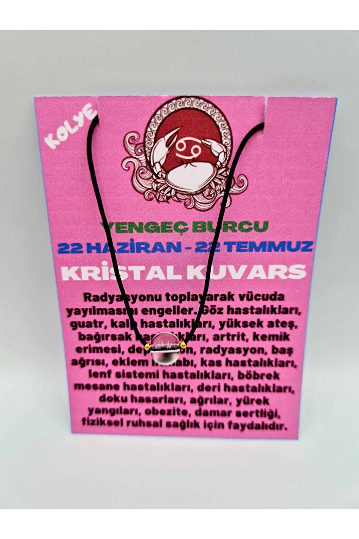 Sertifikalı Yengeç Burcu Kristal Kuvars Taşı Doğal Taş Kolye