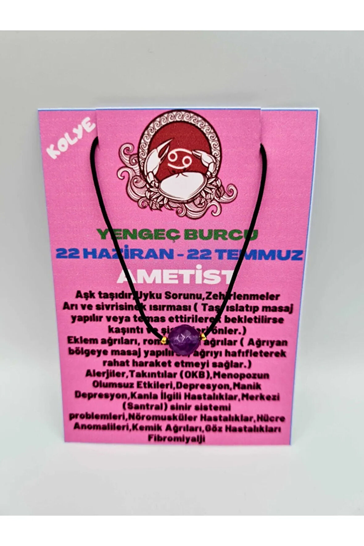 Sertifikalı Yengeç Burcu Ametist Taşı Doğal Taş Kolye