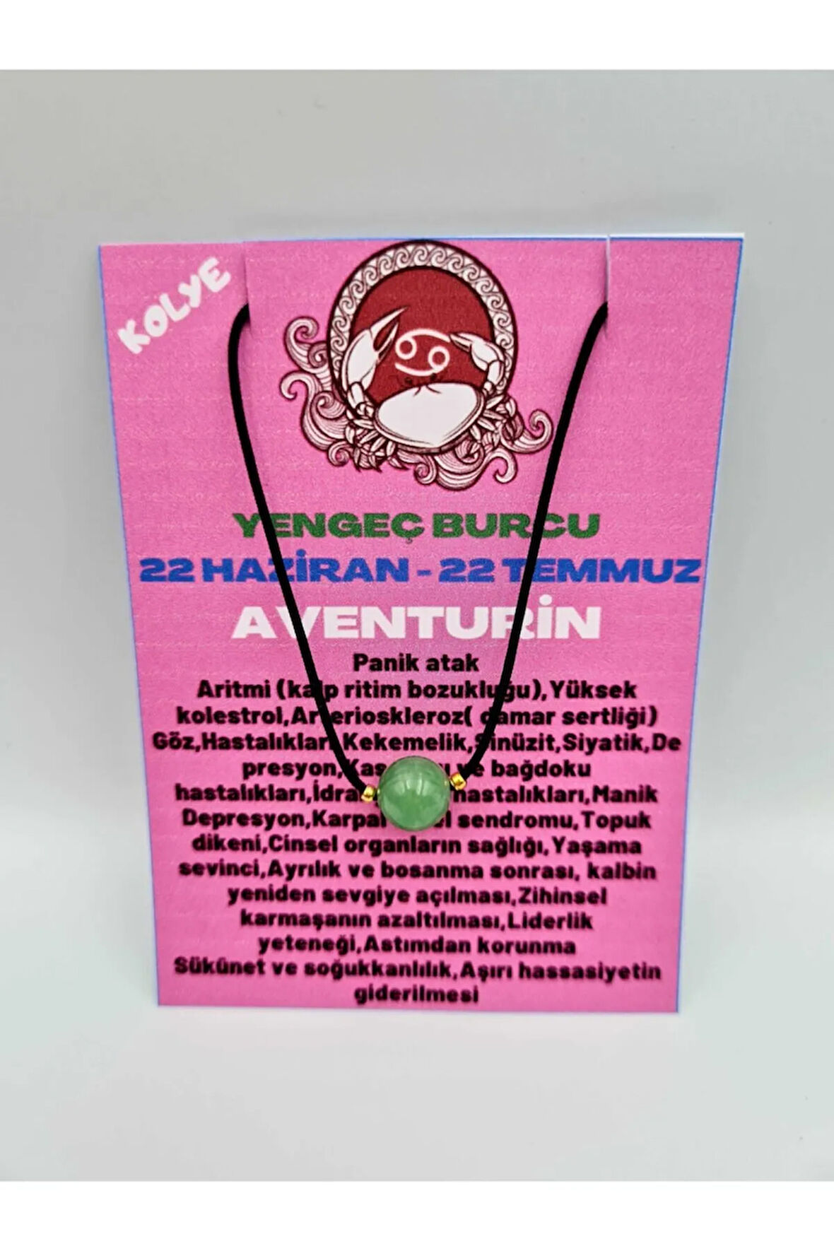 Sertifikalı Yengeç Burcu Aventurin Taşı Doğal Taş Kolye