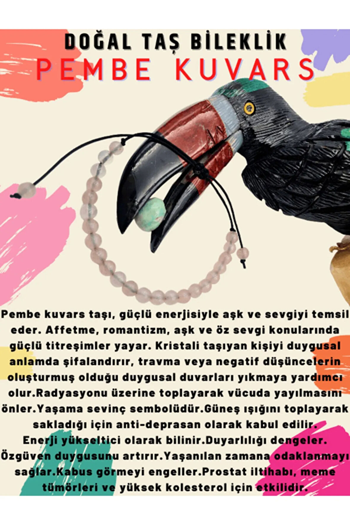 Sertifikalı Pembe Kuvars Doğal Taş Bileklik Ayarlamalı Kilit Sistemi Her Bileğe Uyumlu
