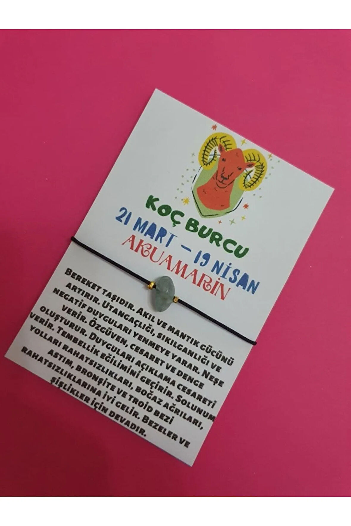 Sertifikalı Koç Burcu Akuamarin Doğal Taşlı Ip Burç Bilekliği