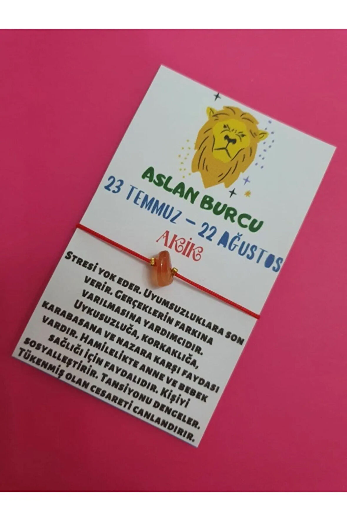 Sertifikalı Aslan Burcu Akik Doğal Taşlı Ip Burç Bilekliği