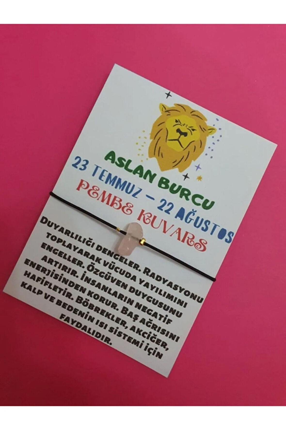 Sertifikalı Aslan Burcu Pembe Kuvars Doğal Taşlı Ip Burç Bilekliği