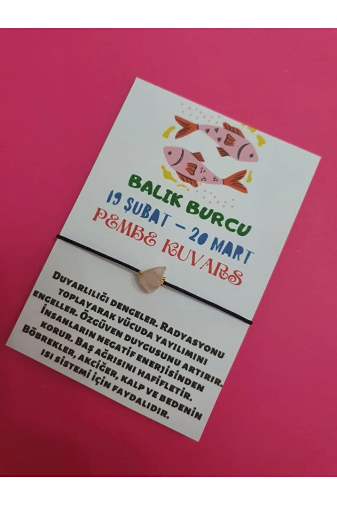 Sertifikalı Balık Burcu Pembe Kuvars Doğal Taşlı Ip Burç Bilekliği