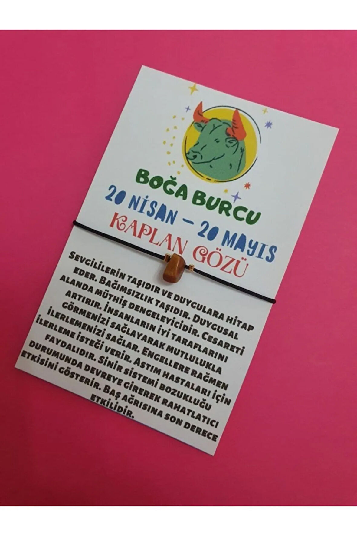 Sertifikalı Boğa Burcu Kaplan Gözü Doğal Taşlı Ip Burç Bilekliği