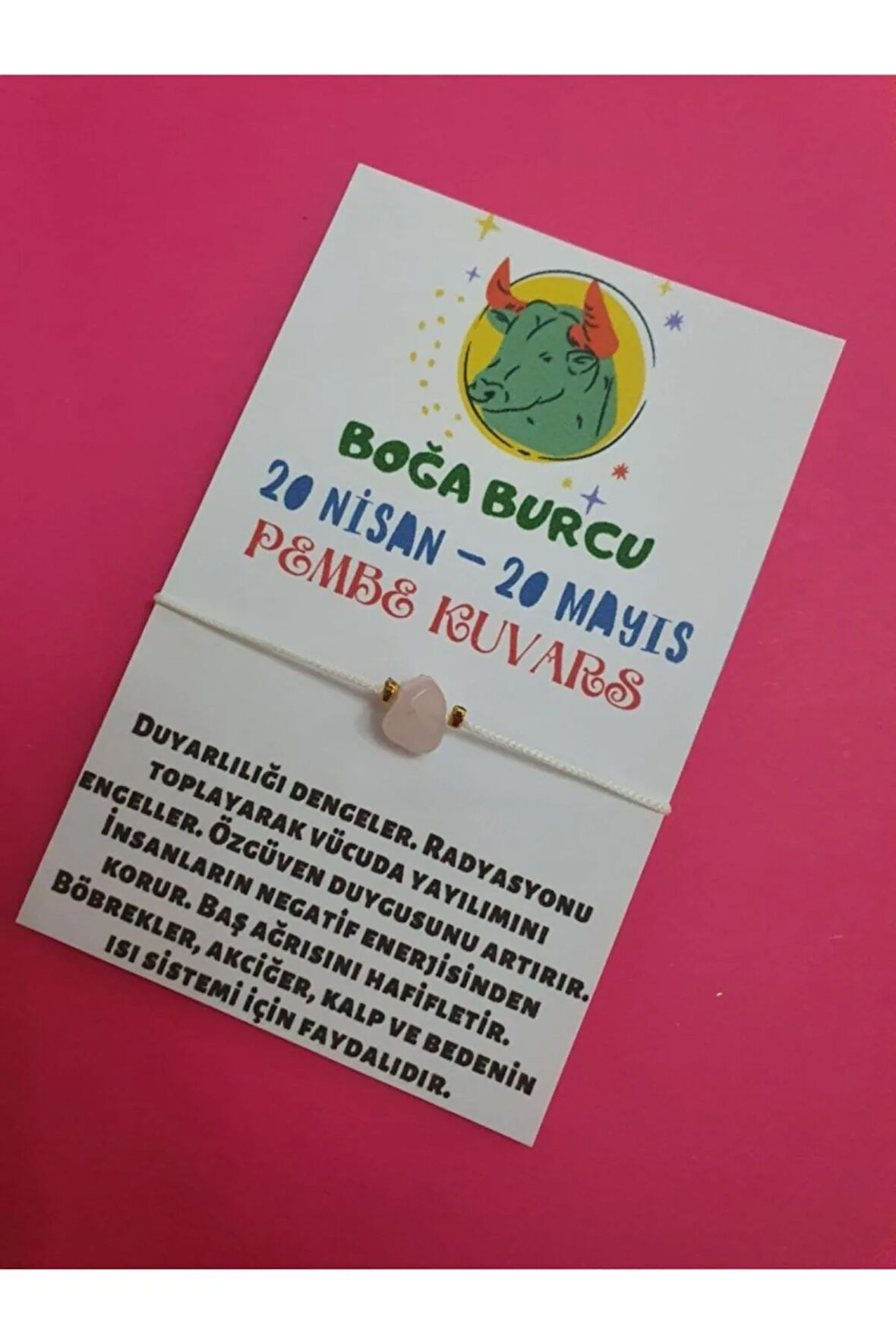 Sertifikalı Boğa Burcu Pembe Kuvars Doğal Taşlı Ip Burç Bilekliği