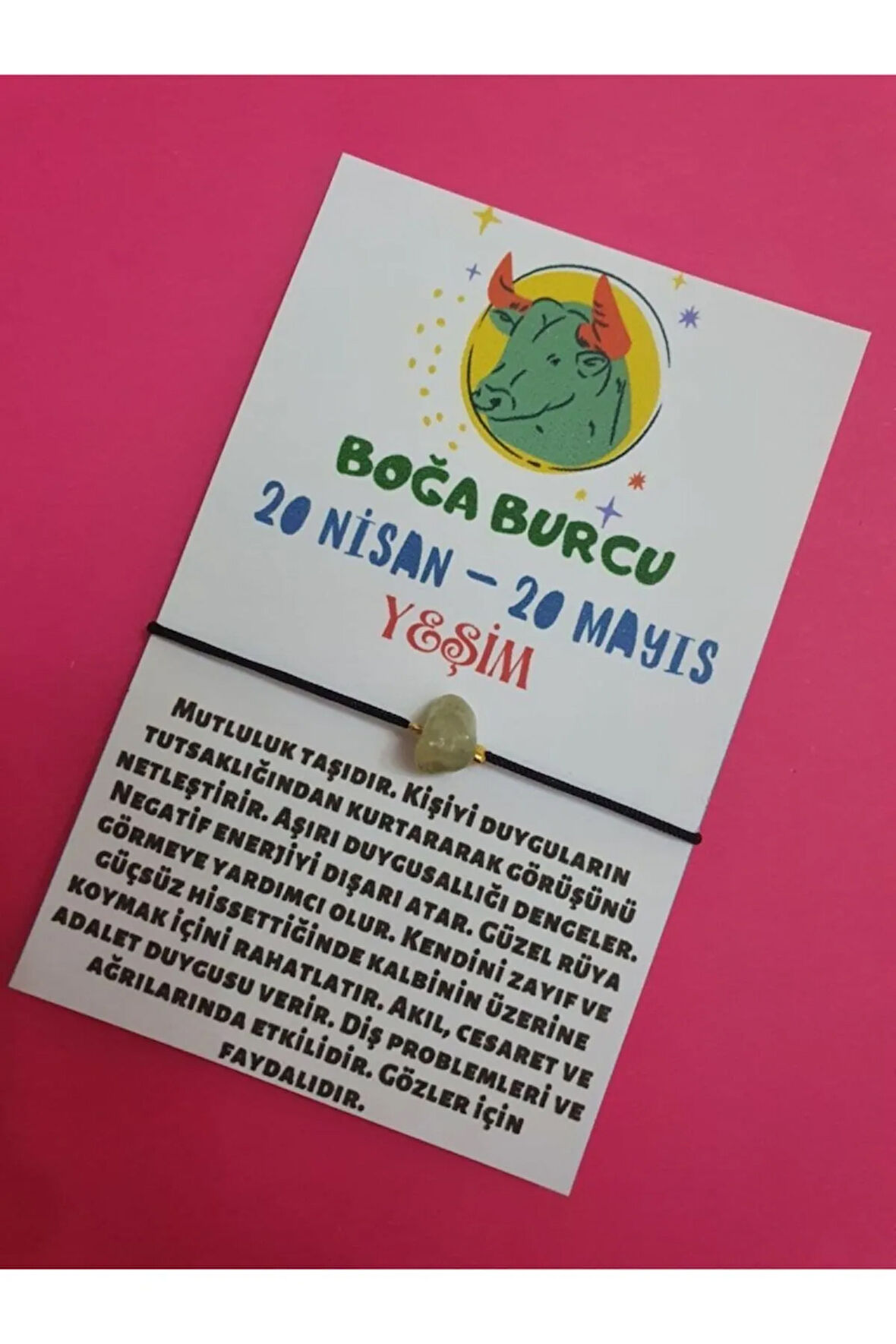 Sertifikalı Boğa Burcu Yeşim Doğal Taşlı Ip Burç Bilekliği