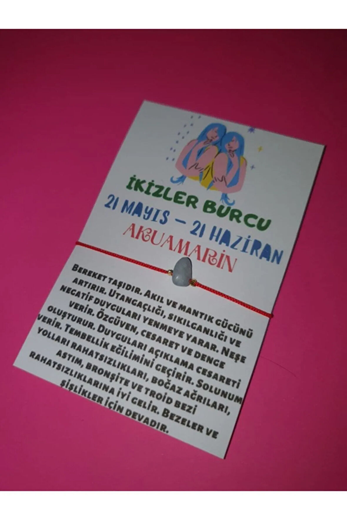 Sertifikalı Ikizler Burcu Akuamarin Doğal Taşlı Ip Burç Bilekliği
