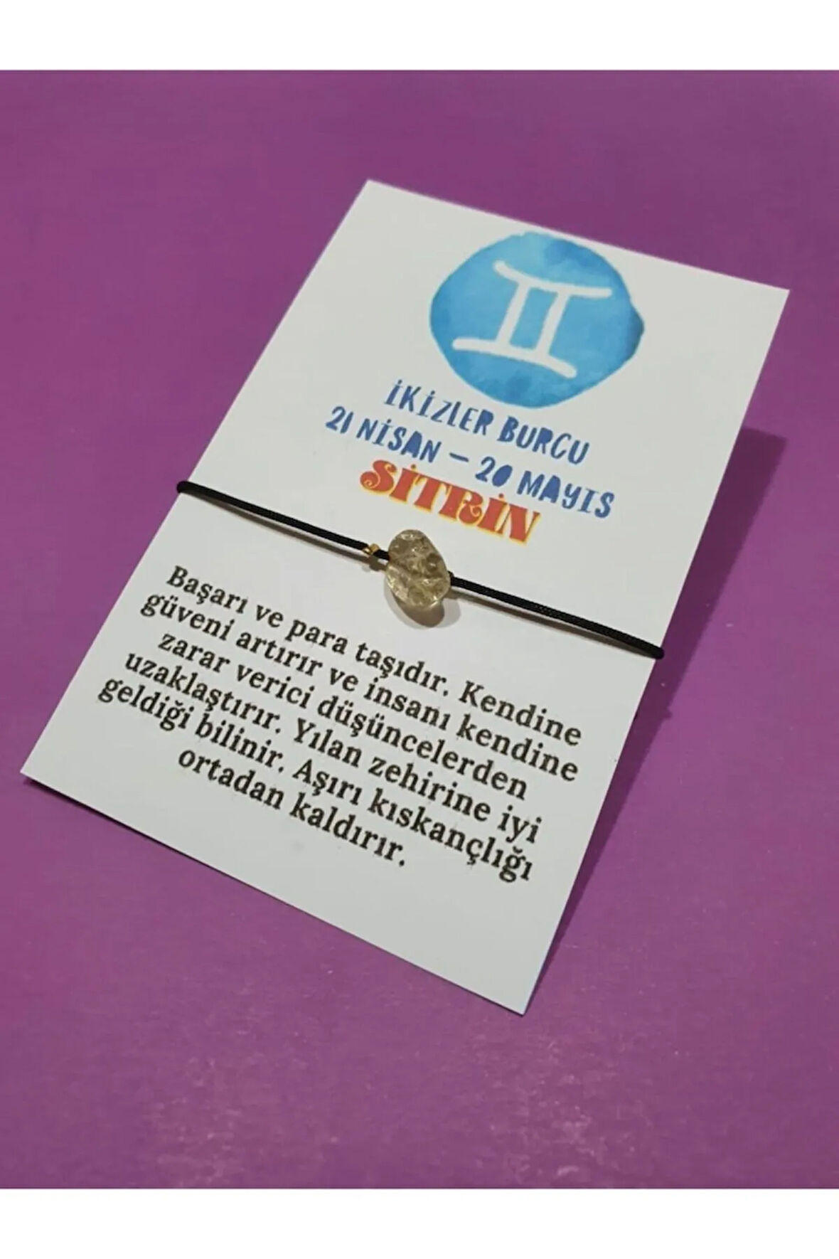 Sertifikalı Ikizler Burcu Sitrin Doğal Taşlı Ip Burç Bilekliği