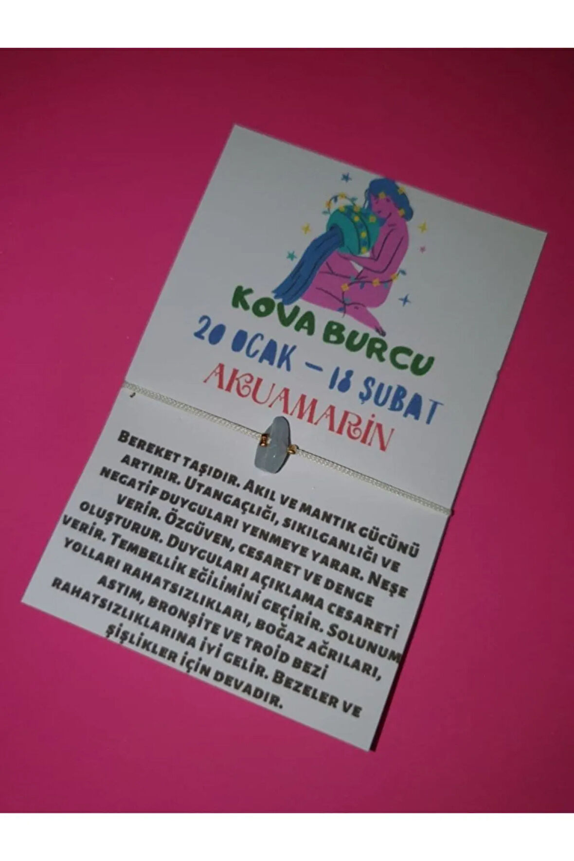 Sertifikalı Kova Burcu Akuamarin Doğal Taşlı Ip Burç Bilekliği